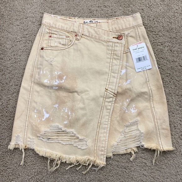 FP Free People Distressed Denim Skirt Asymmetrical Butter Yellow NWT Size 24 - Picture 2 of 8